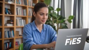 Estudante acessando o site do Fies 2025 em um laptop, usando camisa azul e sentada em uma mesa com fundo composto por estante de livros, planta verde e janela com cortinas.