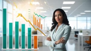 Profissional trabalhando com foco e alta produtividade, com gráficos de crescimento ao fundo simbolizando alta performance no ambiente corporativo.