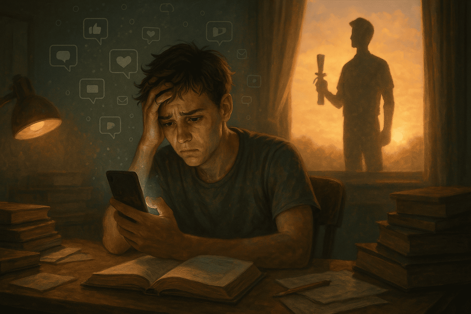 Jovem cansado segurando o celular, distraído diante de livros abertos, simbolizando a dificuldade em recuperar o foco nos estudos.