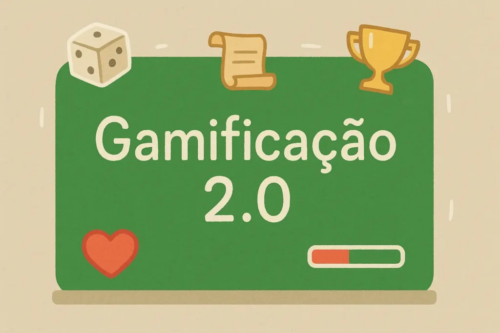 Imagem destacada de blog com ilustração minimalista de uma lousa verde escrita “Gamificação 2.0” em giz branco. Ícones de gamificação como dado, troféu, pergaminho, coração e barra de energia flutuam ao redor, representando elementos de jogos aplicados à sala de aula. Design limpo, educativo, ideal para conteúdos sobre gamificação na educação e metodologias ativas.