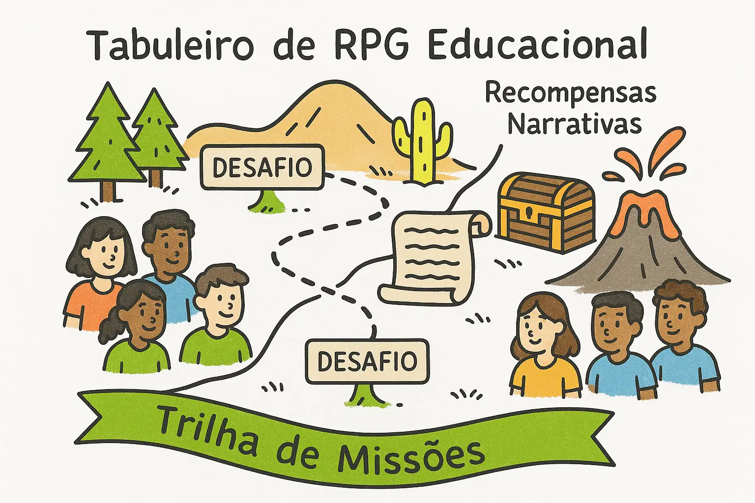 gamificação-educação-sala-de-aula-professores-estudantes Ilustração de um tabuleiro de RPG educacional com grupos de alunos enfrentando desafios em trilhas temáticas como floresta, deserto e vulcão. A imagem mostra a expressão “Trilha de Missões” em destaque, com placas de “Desafio” e elementos como pergaminho, baú de recompensas e ambientações coloridas. Representa visualmente a gamificação na educação com foco em missões colaborativas, recompensas narrativas e aprendizagem lúdica.
