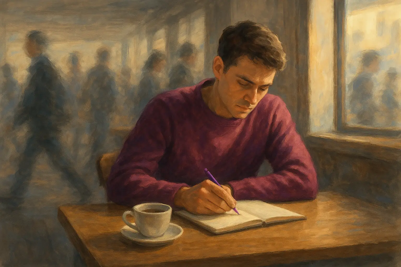 Homem concentrado em uma cafeteria escrevendo no caderno, simbolizando foco de alta performance em meio às distrações do dia a dia.