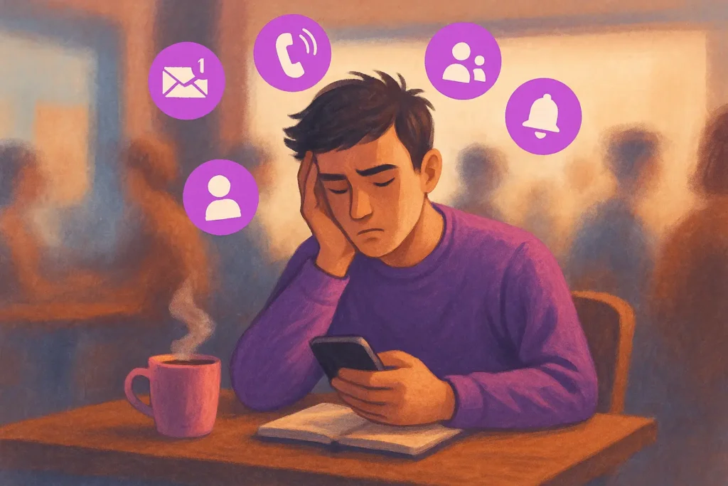 imagem-distrações-digitais-foco-alta-performance Homem distraído olhando o celular em uma cafeteria, cercado por ícones de notificação, simbolizando as distrações digitais que afetam o foco de alta performance.