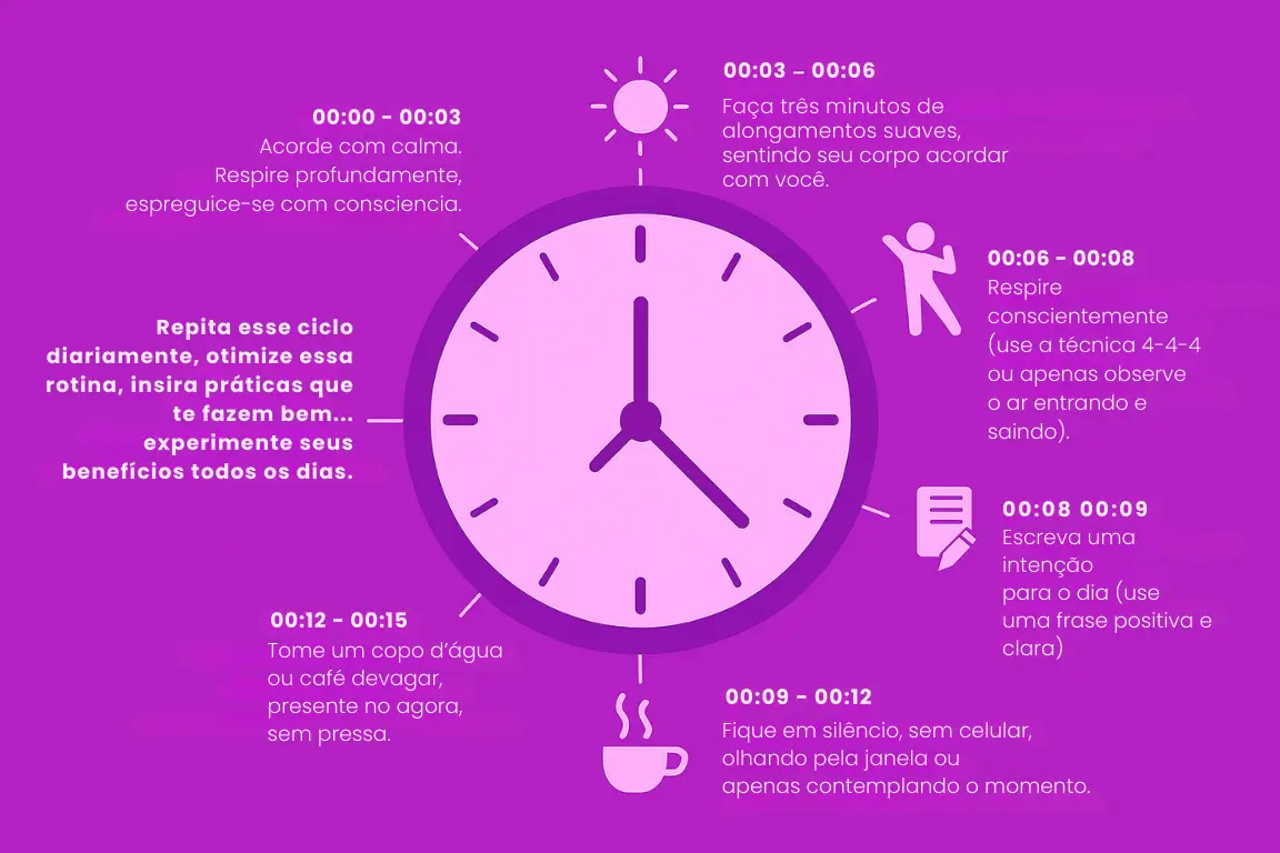 rotina-matinal-15-minutos-completa-infográfico Infográfico ilustrado com fundo roxo vibrante (#d73bef), apresentando um relógio central com seis etapas de uma rotina matinal de 15 minutos distribuídas ao redor. Cada intervalo de tempo é representado com ícones visuais: despertar com calma, alongamento, respiração consciente, escrita de intenção, silêncio contemplativo e bebida com presença. Estilo flat, com fonte sans-serif clara e organizada.