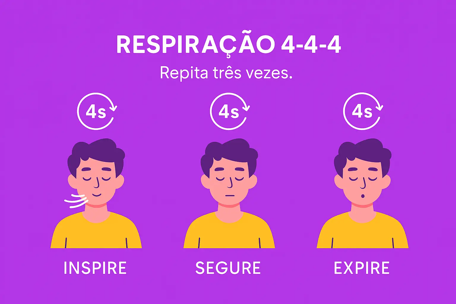 rotina-matinal-respiração Infográfico em estilo flat com fundo rosa-violeta (#d73bef) mostrando um personagem realizando a técnica de respiração 4-4-4: inspirar por 4 segundos, segurar por 4 segundos e expirar por 4 segundos. Cada etapa é representada com uma expressão facial e ícone de contagem de tempo.