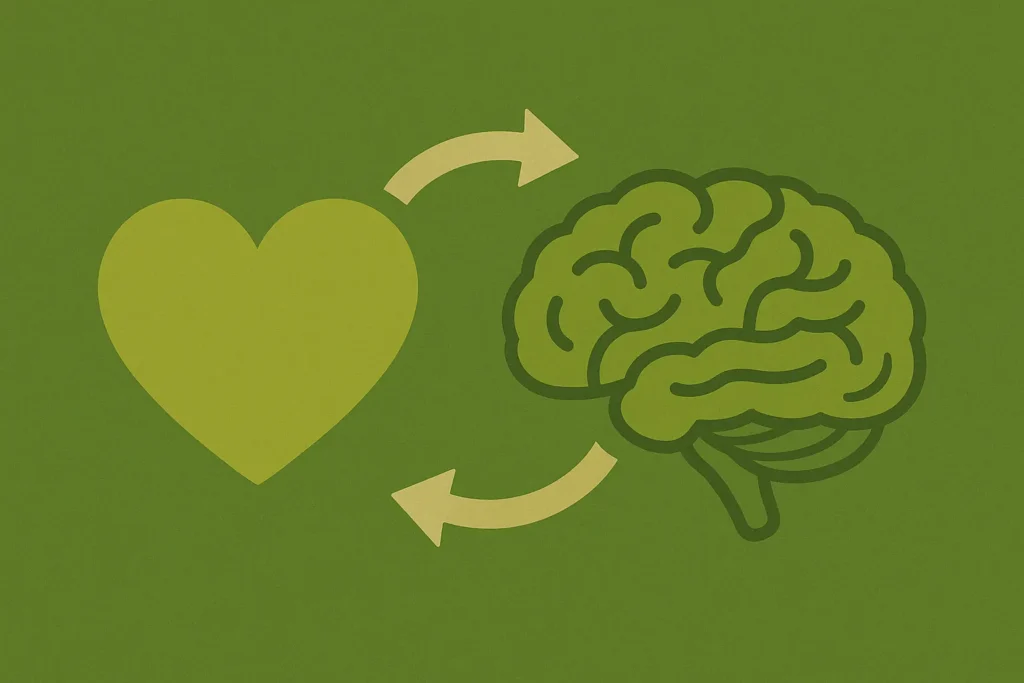 emocao_cognicao_neurociencia_e_educacao Ilustração sobre neurociência e educação, mostrando um coração e um cérebro conectados por setas, simbolizando a emoção como porta de entrada para a cognição.