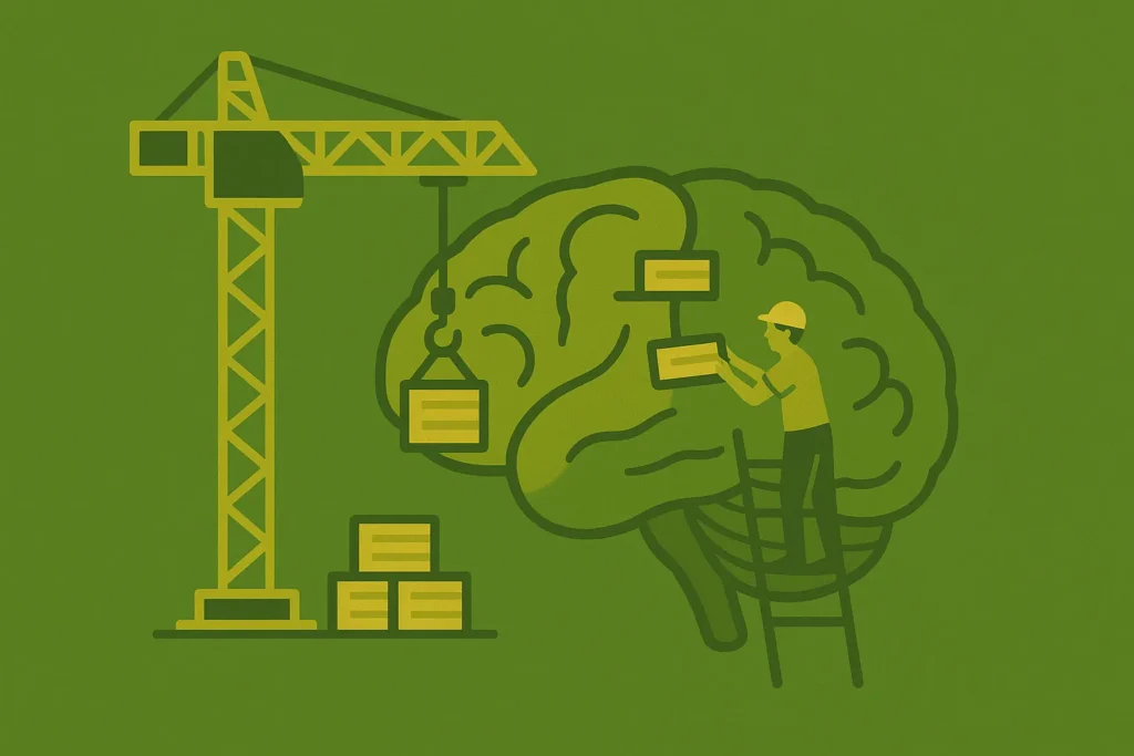 memoria_construcao_neurociencia_educacao Ilustração sobre neurociência e educação, mostrando um cérebro em construção com guindaste e trabalhador colocando blocos, simbolizando a memória como processo contínuo de construção.