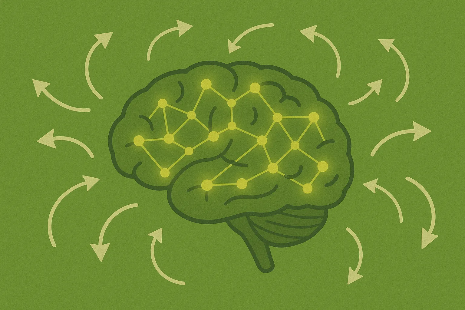 neuplasticidade-cérebro-neurociência-educação Ilustração sobre neurociência e educação, representando a neuroplasticidade com um cérebro verde e conexões neuronais brilhantes cercadas por setas indicando adaptação e mudança.