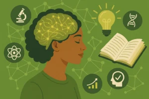 Ilustração conceitual sobre neurociência e educação, mostrando uma mulher de perfil com o cérebro em destaque e ícones científicos ao redor, representando aprendizado e inovação.