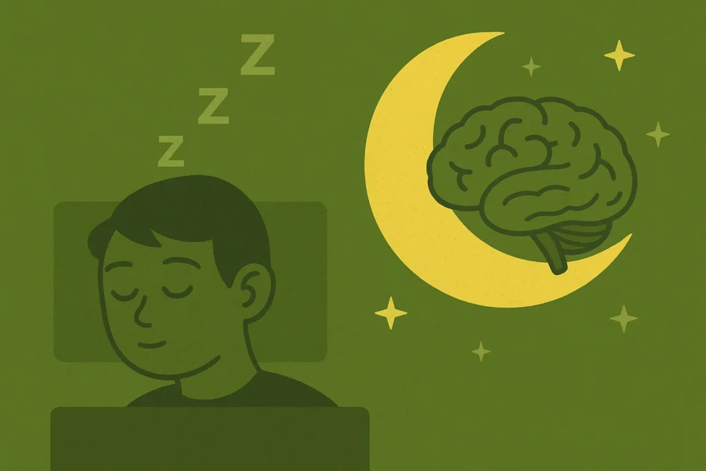 sono_aprendizagem_neurociencia-educacao Ilustração sobre neurociência e educação, mostrando uma pessoa dormindo ao lado de uma lua segurando um cérebro, simbolizando o sono como essencial para a aprendizagem.