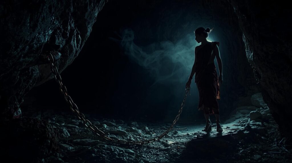 Uma pessoa acorrentada a uma sombra do passado segurando a chave da própria liberdade, mostrando o poder do perdão.