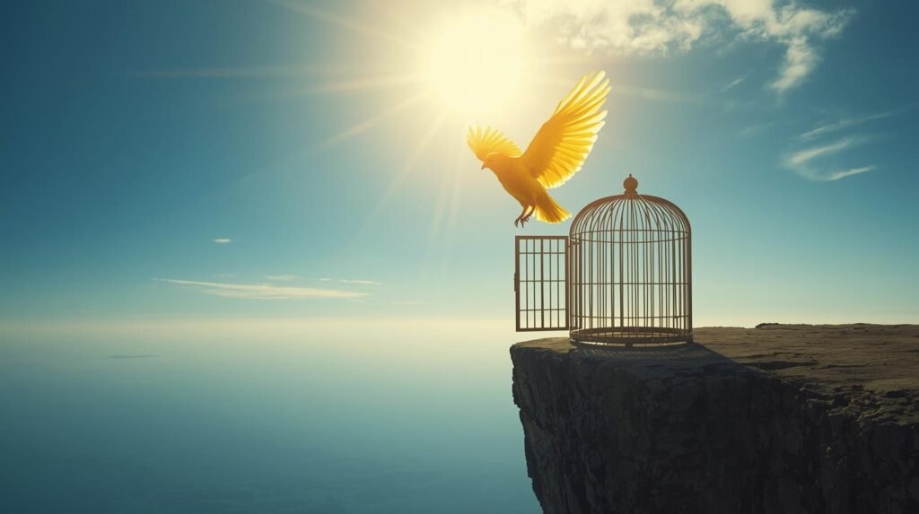 Pássaro voando para fora de uma gaiola aberta simbolizando a liberdade e o poder de cura do perdão.