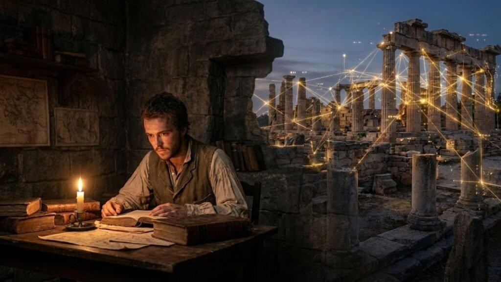 Ilustração artística da Técnica de Aprendizagem Acelerada mostrando Heinrich Schliemann estudando à luz de velas, com as sombras ao fundo se transformando nas ruínas de Troia.