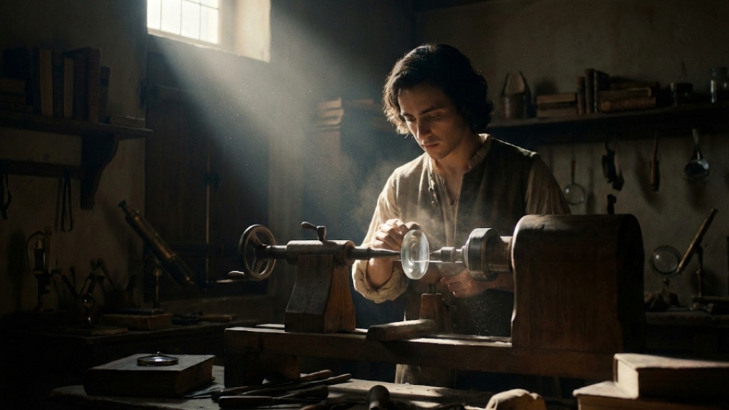 Baruch Spinoza polindo lentes em Amsterdã focado em vencer a procrastinação através do trabalho.