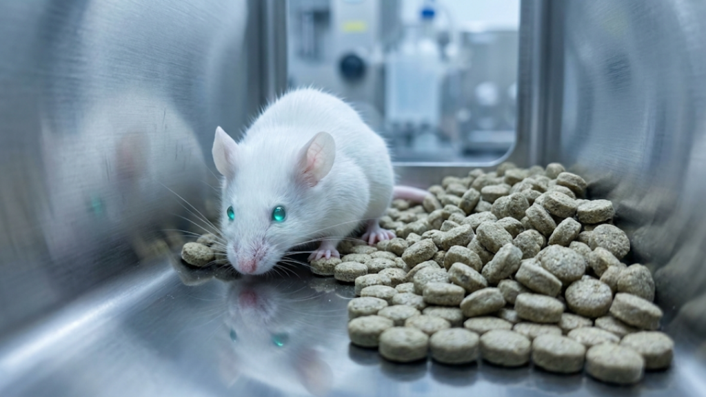 Rato de laboratório cercado de comida representando o excesso de conforto do Universo 25.