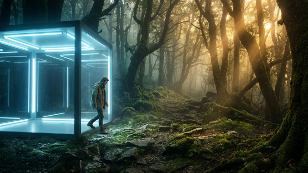 Pessoa saindo de um quarto estéril para a natureza selvagem, simbolizando a saída da zona de conforto.