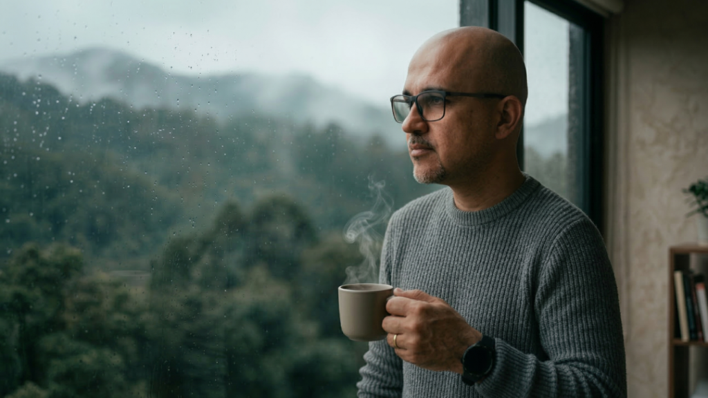 Uma pessoa, o autor Robison Sá, encontra a cura pelo silêncio na contemplando uma chuva fina pela janela ao amanhecer, tomando uma xícara de café.