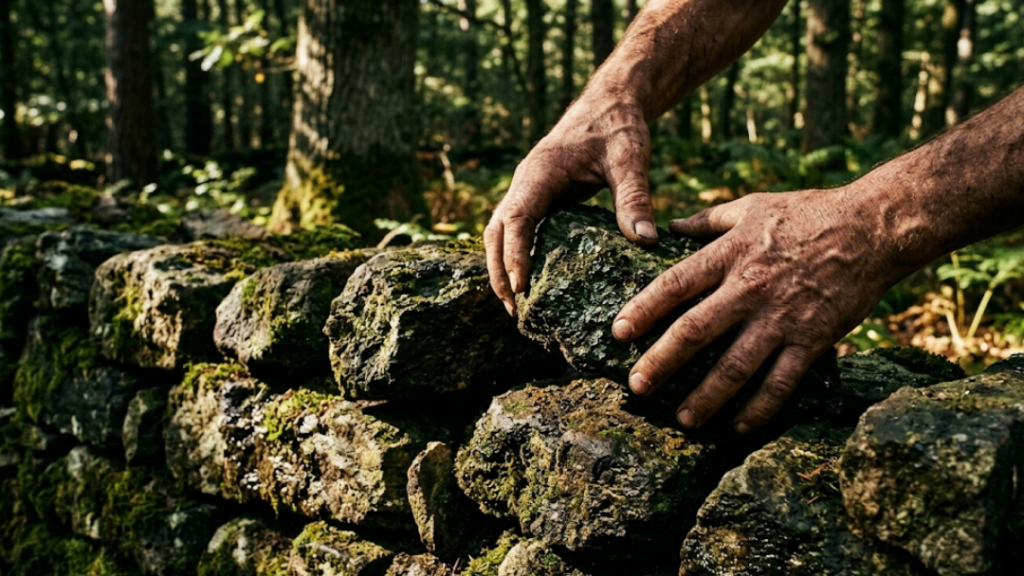 Mãos construindo uma parede de pedra, simbolizando a cura pelo silêncio e o esforço de reconstrução.