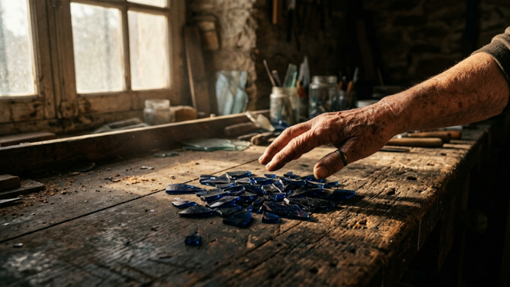 Mão hesitante sobre um vidro quebrado representando as feridas do ódio que precisam de cura.