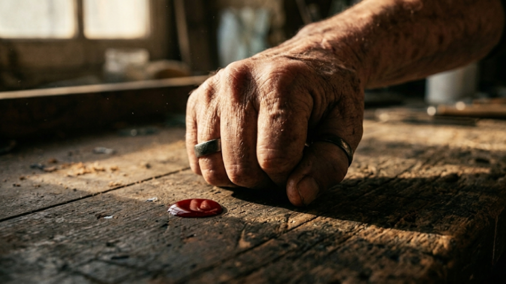 Punho cerrado sobre a mesa ilustrando a tensão física e as feridas do ódio presentes no conflito interno.