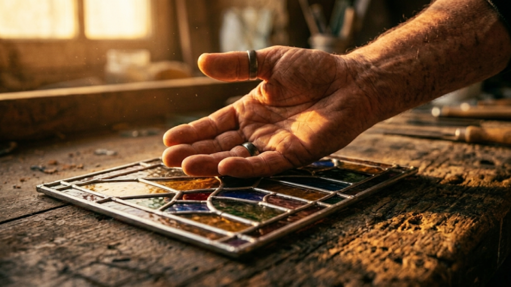 Mão relaxada e aberta ao lado de um vitral restaurado transmitindo paz e a cura das feridas do ódio.