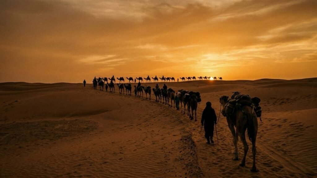 Viver em Busca dos Sonhos Que a Alma Não Esquece 2 Caravana atravessando o deserto ao entardecer, representando a jornada de quem vive em busca dos sonhos
