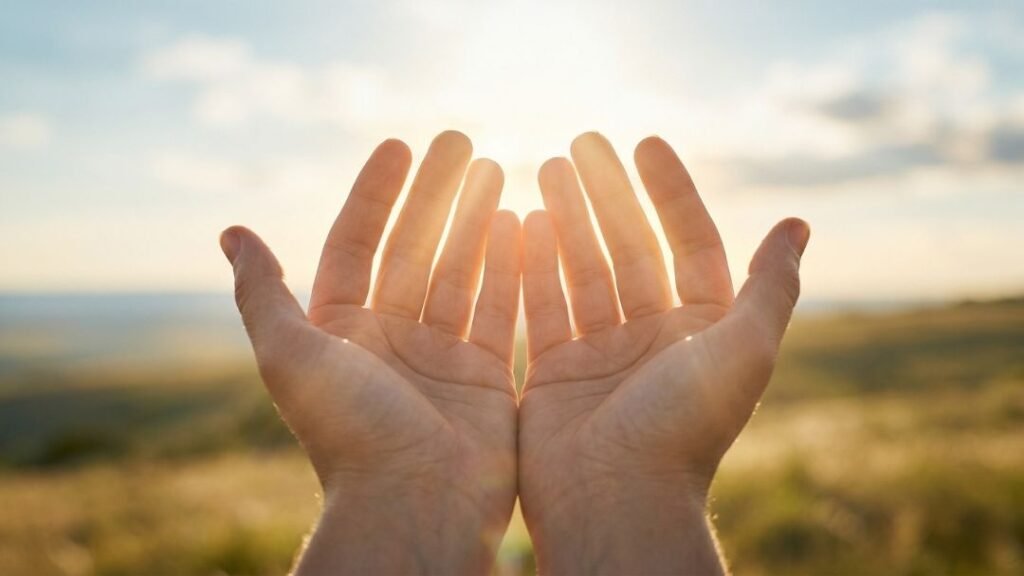 Viver em Busca dos Sonhos Que a Alma Não Esquece 3 Mãos abertas recebendo luz do sol, símbolo de propósito e viver em busca dos sonhos