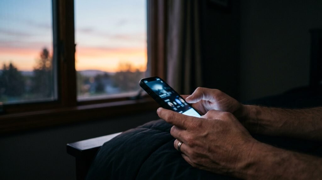 Pessoa segurando celular na madrugada com amanhecer ao fundo, imagem do vício digital que rouba o foco e o sono