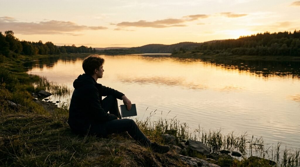 Jovem às margens de um rio com caderno no colo, imagem da atenção plena e do foco que a distração digital compromete