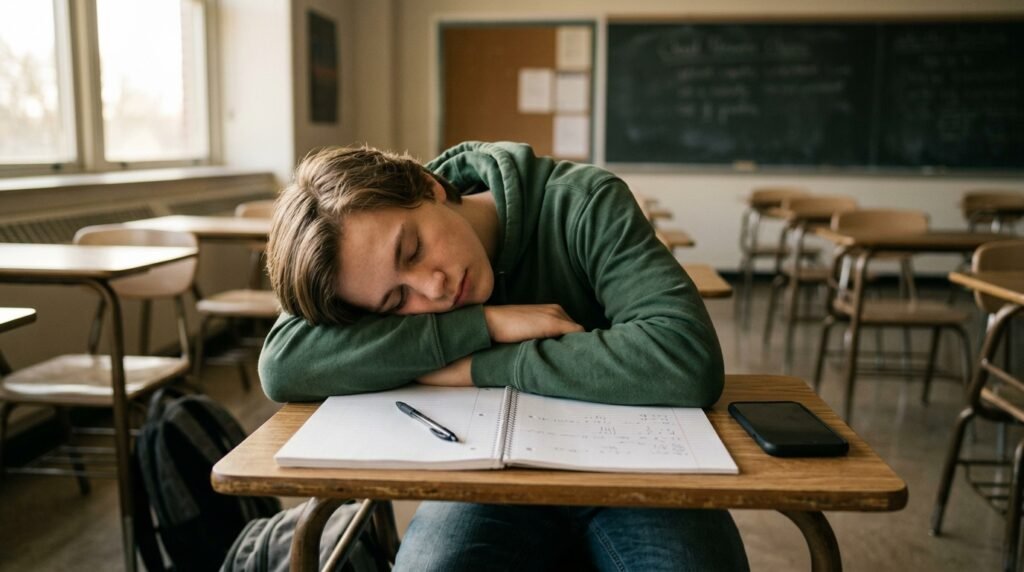 Adolescente adormecido sobre caderno aberto em sala de aula, retrato da geração consumida pela distração digital