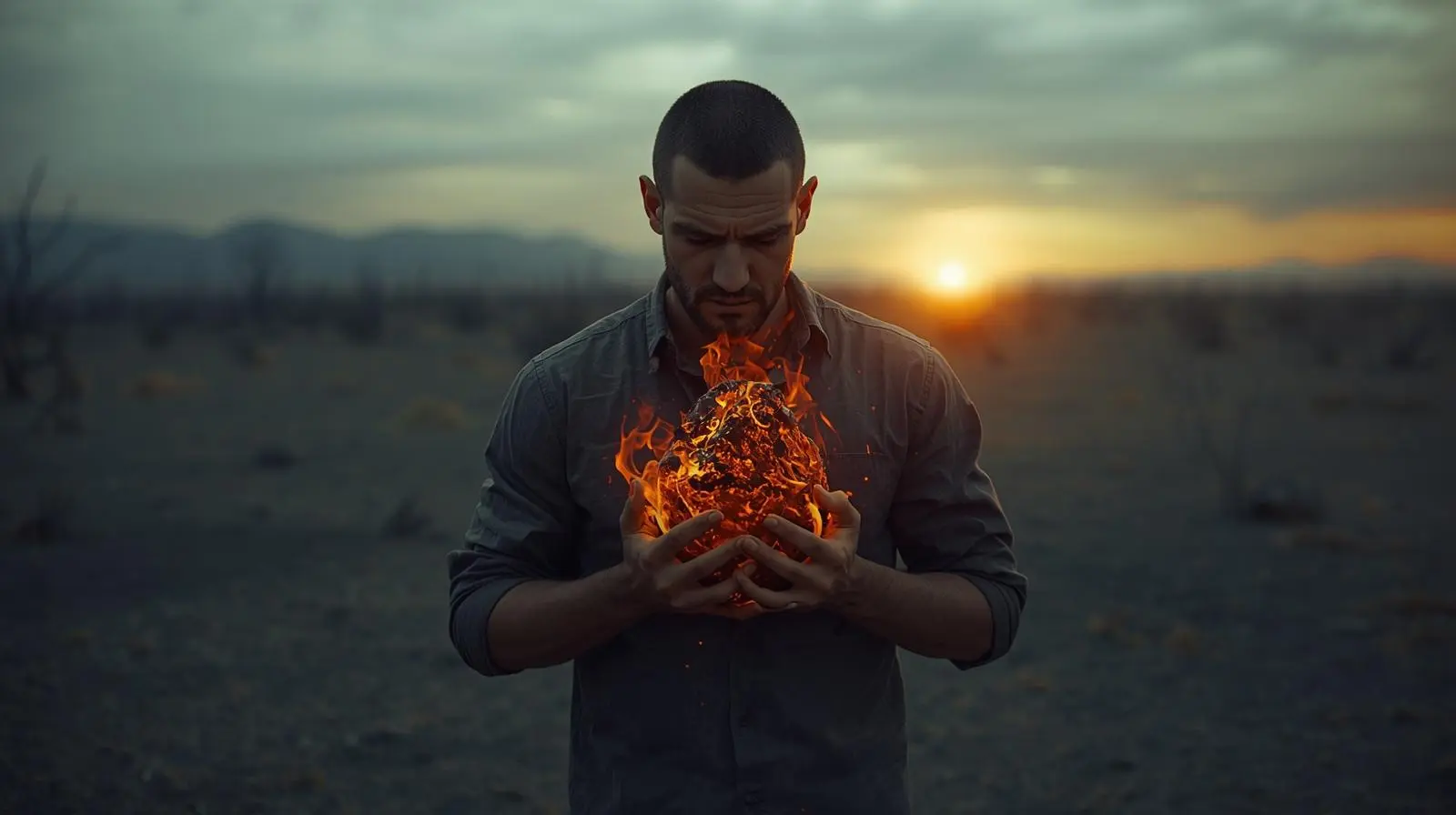 Homem segurando uma pedra em brasa contra o peito representando a falta de perdão e a dor autodestrutiva.