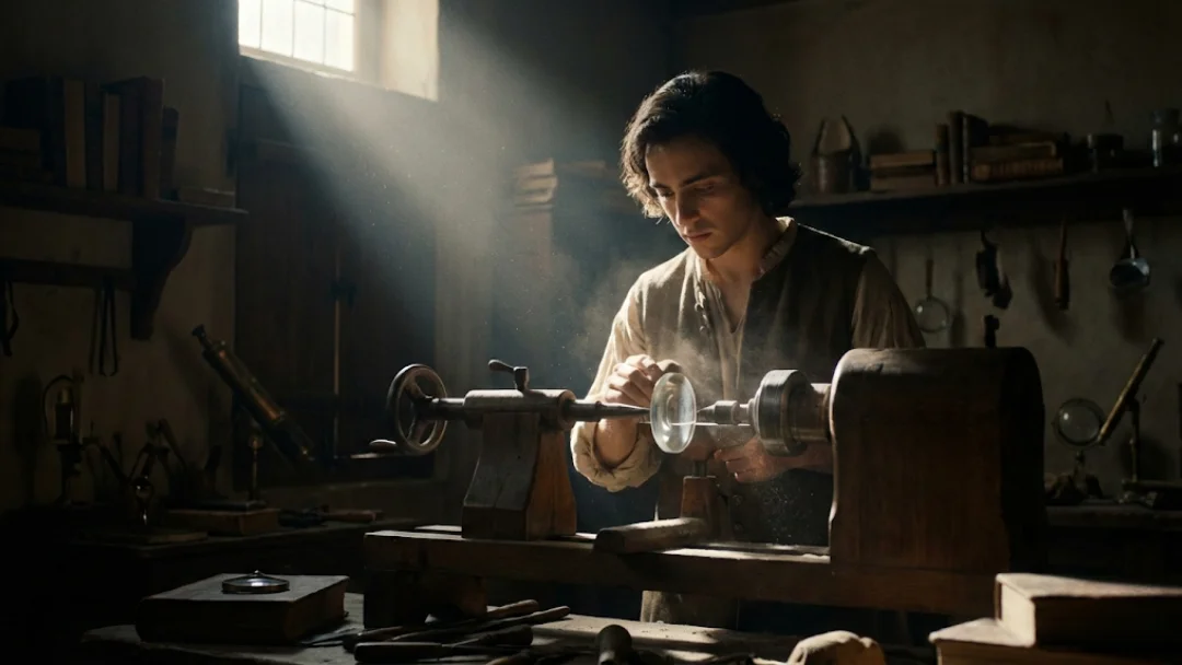 Baruch Spinoza polindo lentes em Amsterdã focado em vencer a procrastinação através do trabalho.