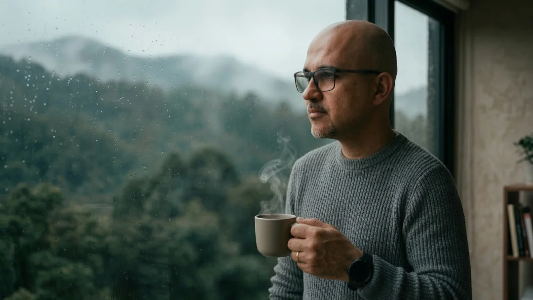 poder de cura pelo silêncio. Robison Sá olhando pela janela, tomando café, tempo chuvoso.