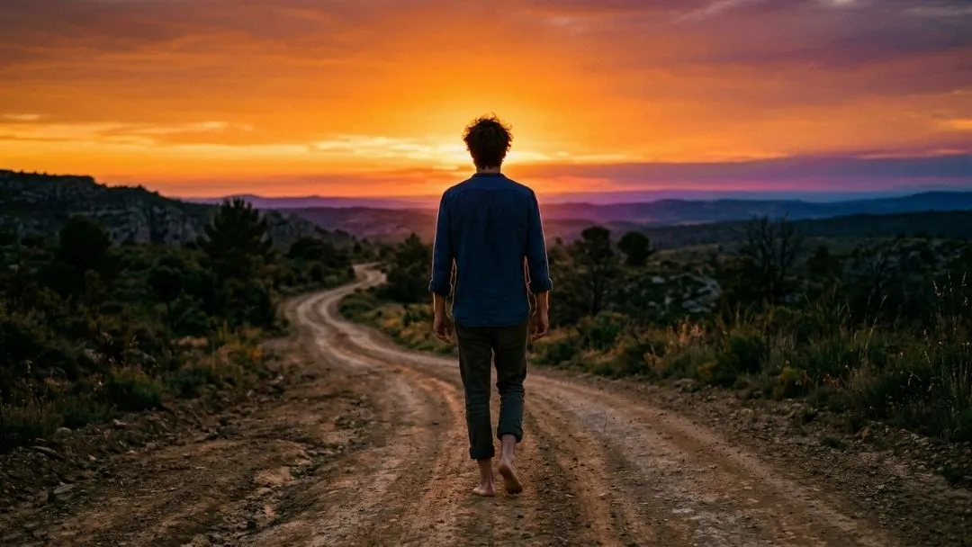 Silhueta de homem caminhando em estrada ao pôr do sol, representando viver em busca dos sonhos